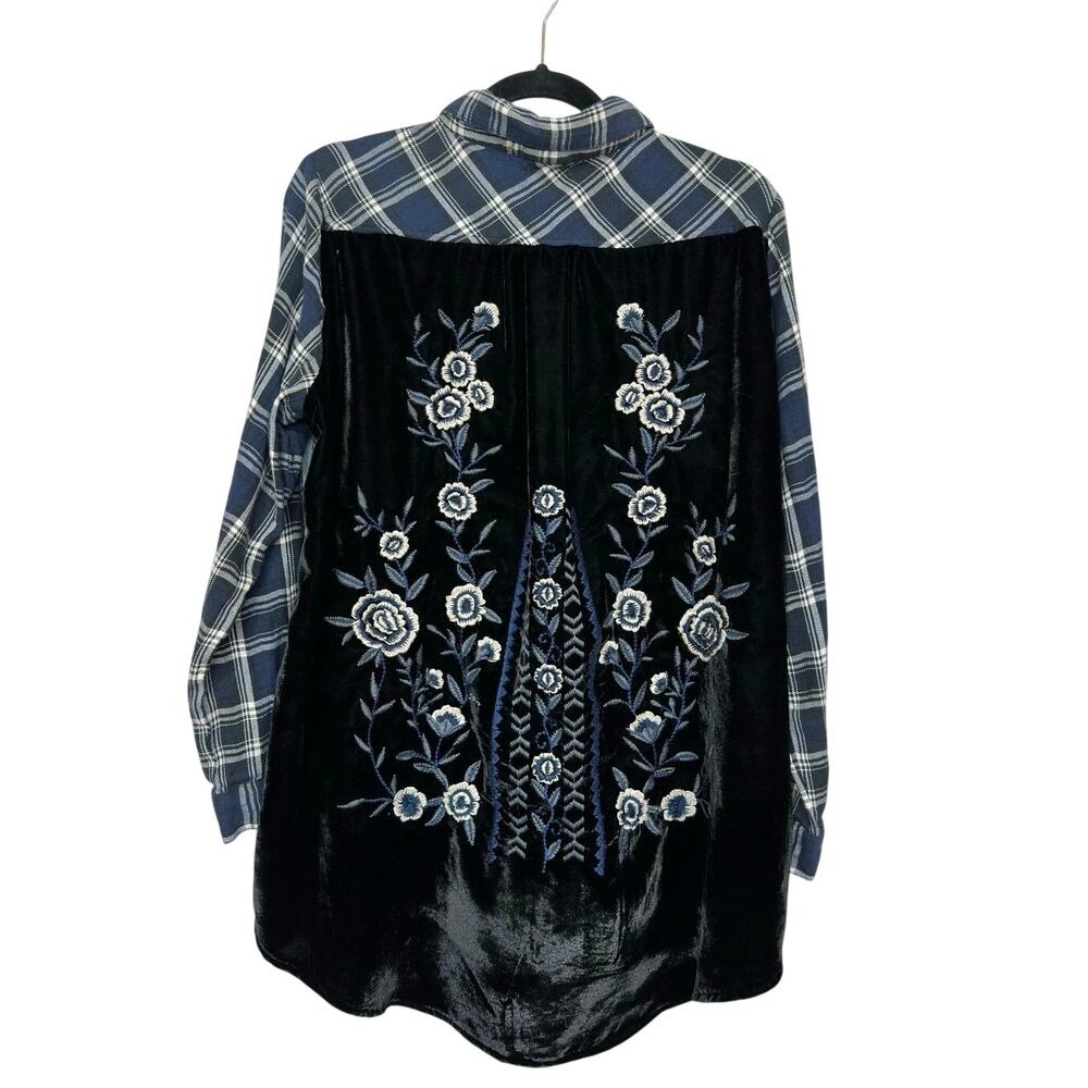Kyla Seo Blue Plaid Button Down Shirt Embroidered Velvet Floral Back Medium Boho